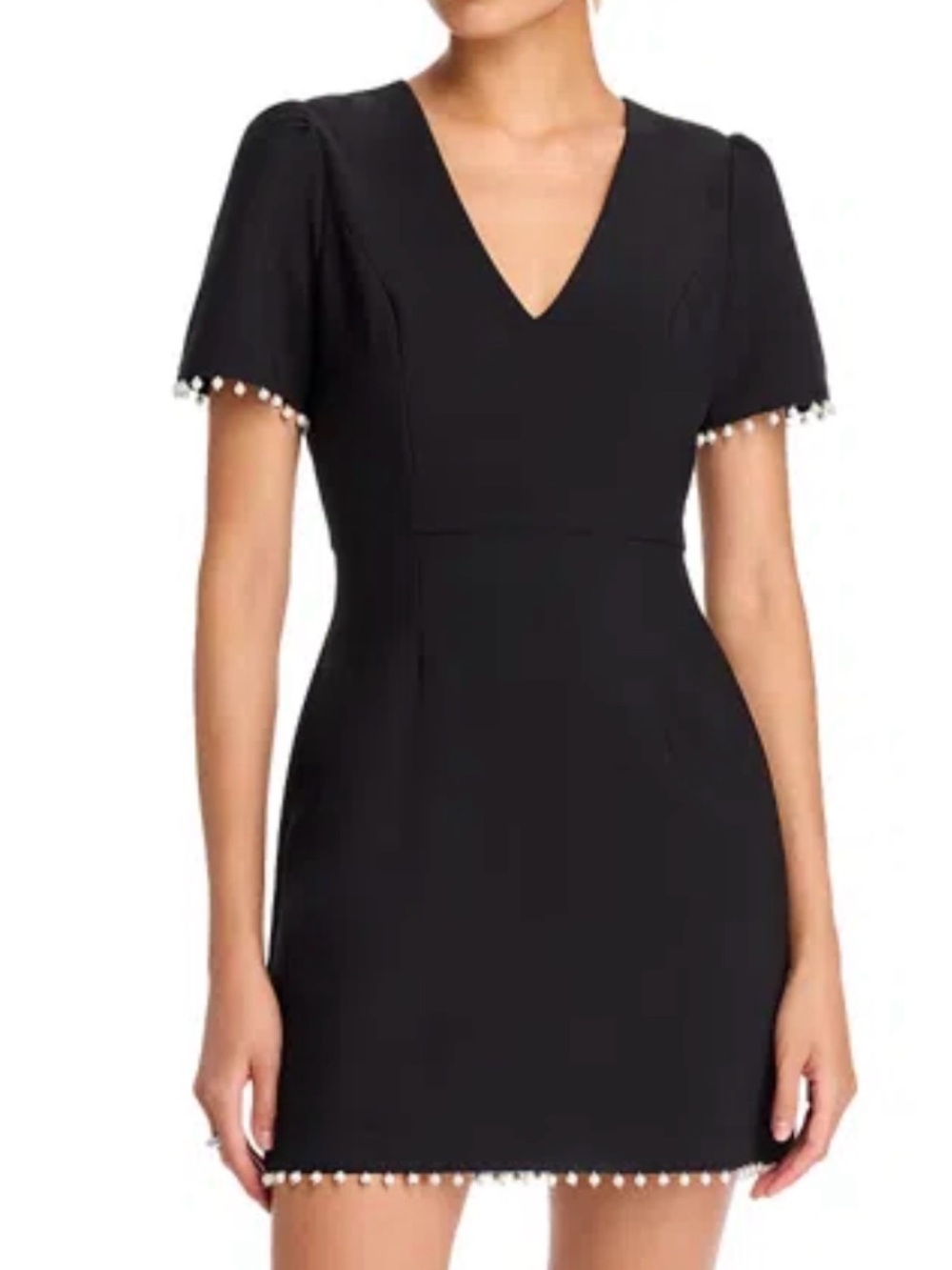 Aqua Black V-Neck Mini Dress with Pearl Trim